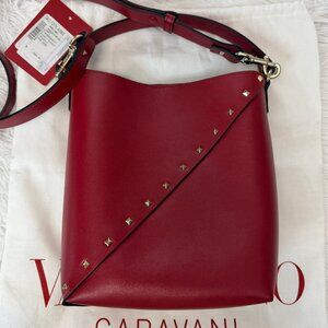 VALENTINO GARAVANI Calfskin Rockstud Wispy Bucket Bag in Red